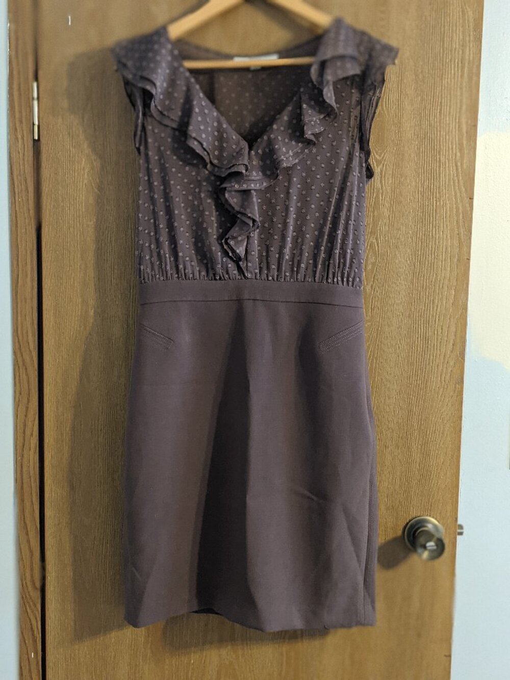 LOFT Brown Ruffle Neck Sheath Dress Size 6
